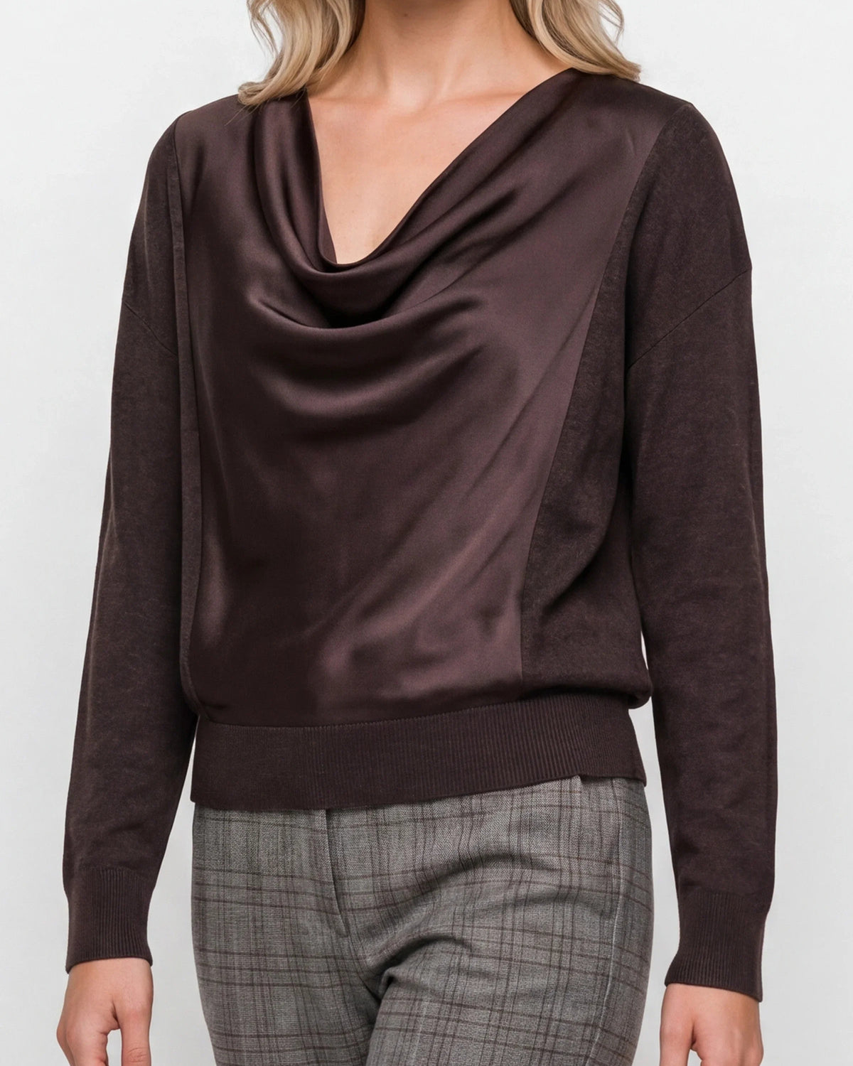 Liverpool Draped Neck Mixed Media Sweater | Java Melange