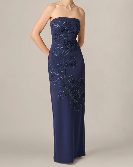 Aidan Mattox Strapless Floral Beaded Soutache Column Gown | Dark Navy
