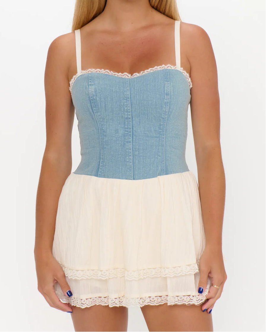 Show Me Your Mumu Geneva Mini Dress | Light Indigo with Cream Viole