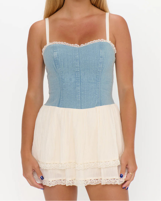 Show Me Your Mumu Geneva Mini Dress | Light Indigo with Cream Viole