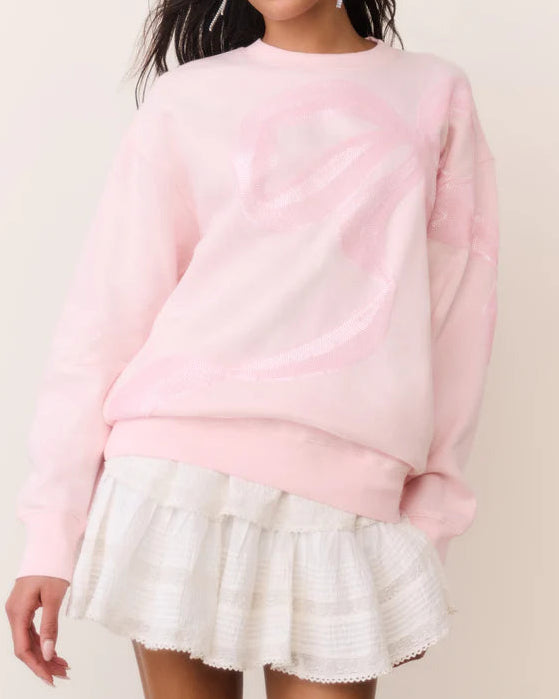 Love Shack Fancy Palo Sequin Bow Fleece Pullover | Wistful Pink