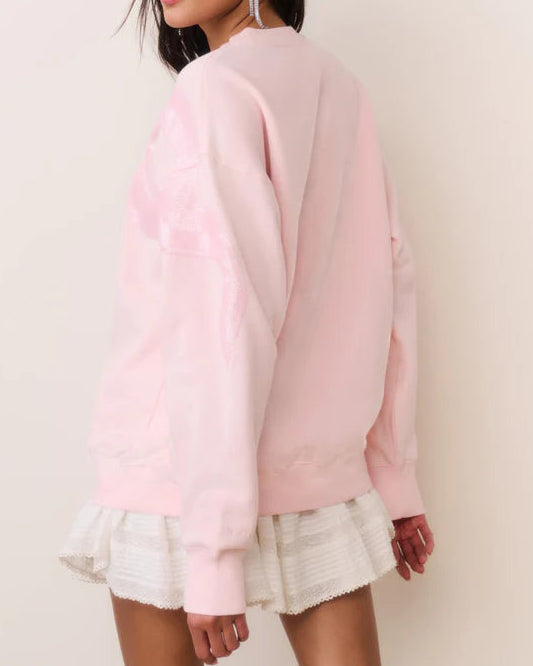 Love Shack Fancy Palo Sequin Bow Fleece Pullover | Wistful Pink