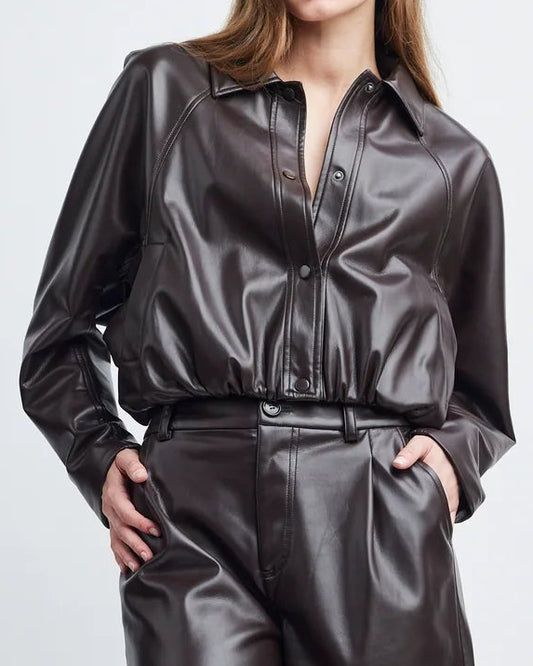 Self Contrast Blaze Crop Bomber Jacket | Dark Chocolate