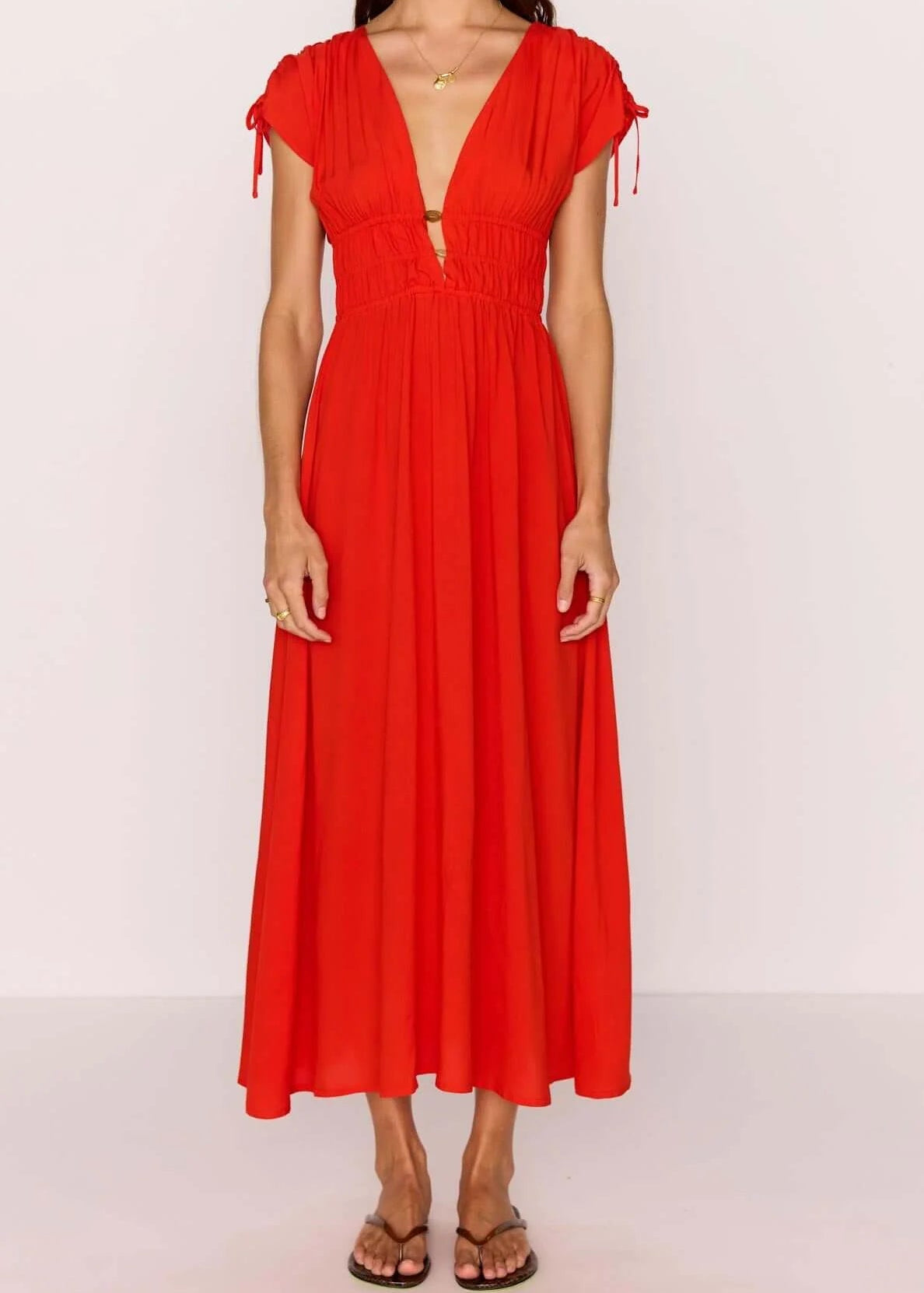 Mink Pink Scarlett V-Neck Midi Dress Bead Detail