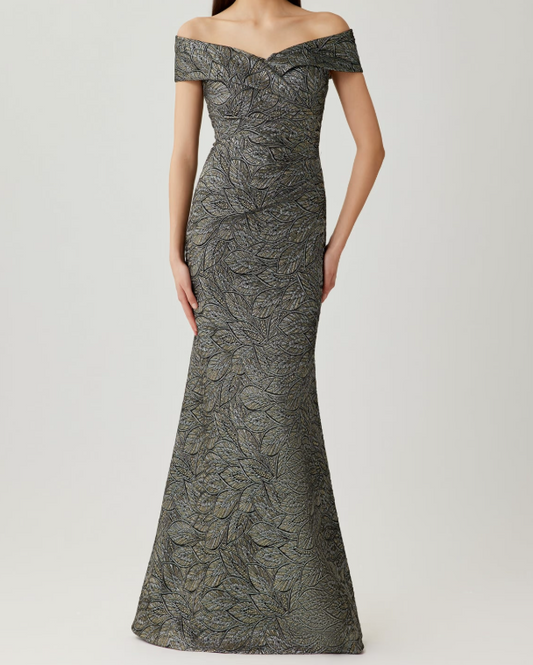 Teri Jon Jacquard Leaf Pattern Off The Shoulder Gown | Platinum Multi