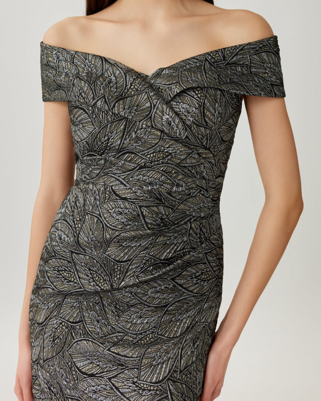 Teri Jon Jacquard Leaf Pattern Off The Shoulder Gown | Platinum Multi