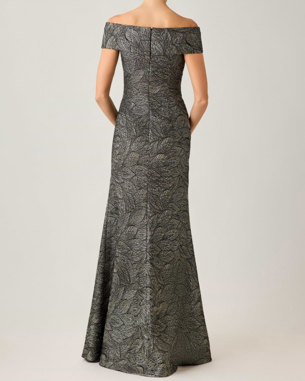 Teri Jon Jacquard Leaf Pattern Off The Shoulder Gown | Platinum Multi