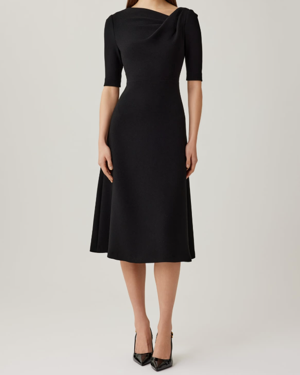 Teri Jon Crepe Asymmetrical Draped A Line Dress | Black