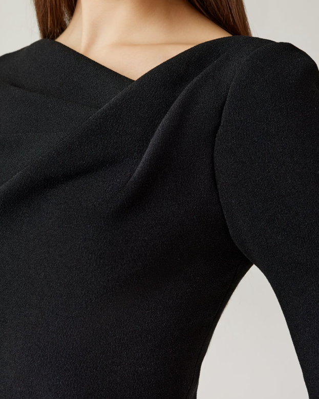 Teri Jon Crepe Asymmetrical Draped A Line Dress | Black