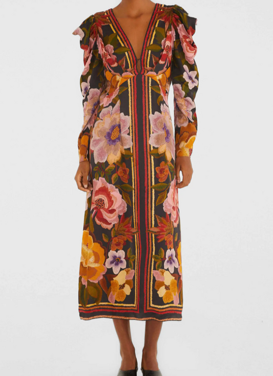 Farm Rio Border Print Long Sleeve Dress | Chenille Flowers Black