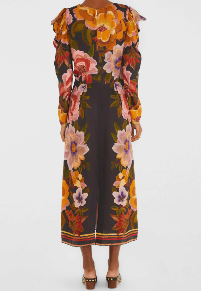 Farm Rio Border Print Long Sleeve Dress | Chenille Flowers Black