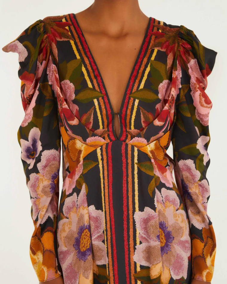 Farm Rio Border Print Long Sleeve Dress | Chenille Flowers Black