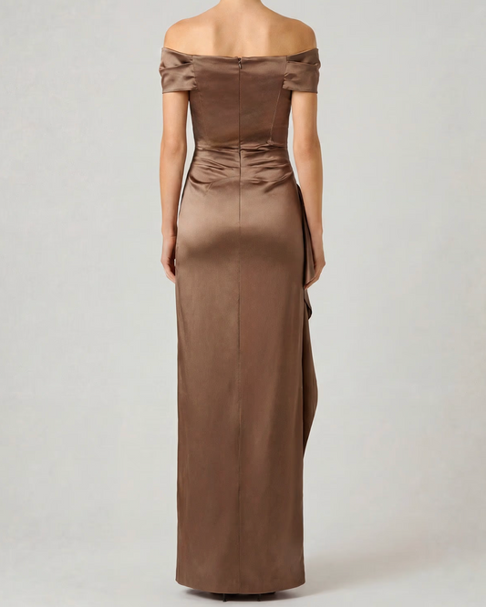 Teri Jon Taffeta Asymmetrical Side Ruffle Gown | Bronze
