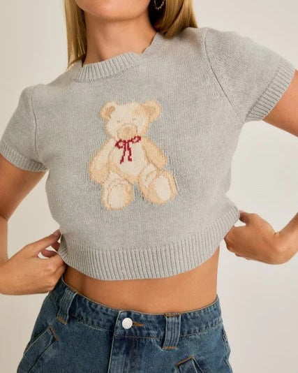 Le Lis Short Sleeve Crew Neck Teddy Bear Sweater Crop Top