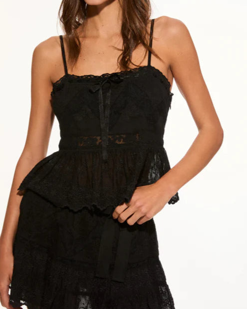 Love Shack Fancy Rowina Cotton Lace Sleeveless Top | Black