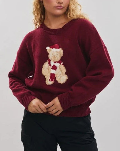 Le Lis Santa Teddy Bear Sweater | Burgundy