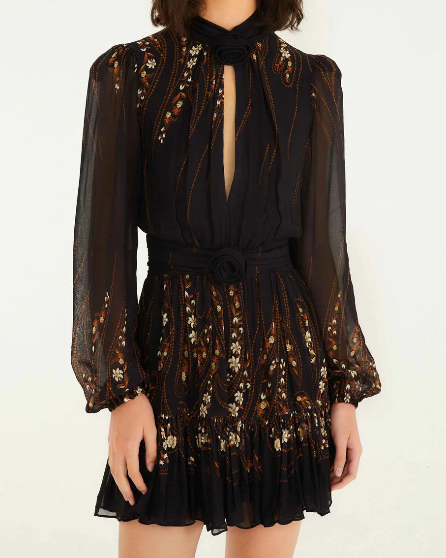 Farm Rio Black Garden 3D Rose Long Sleeve Ruffled Mini Dress
