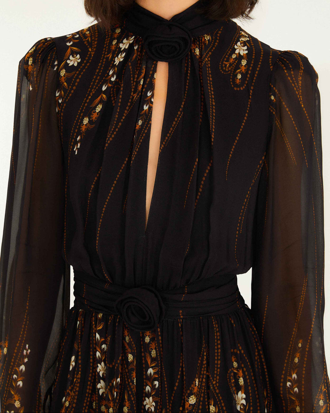 Farm Rio Black Garden 3D Rose Long Sleeve Ruffled Mini Dress