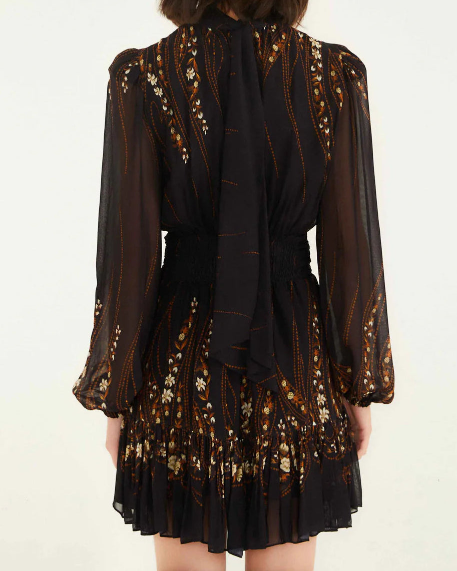 Farm Rio Black Garden 3D Rose Long Sleeve Ruffled Mini Dress