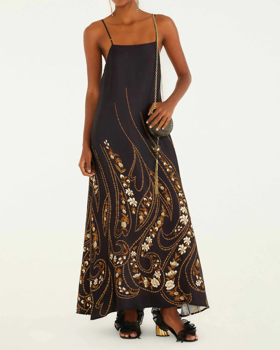 Farm Rio Black Garden Viscose Slip Midi Dress