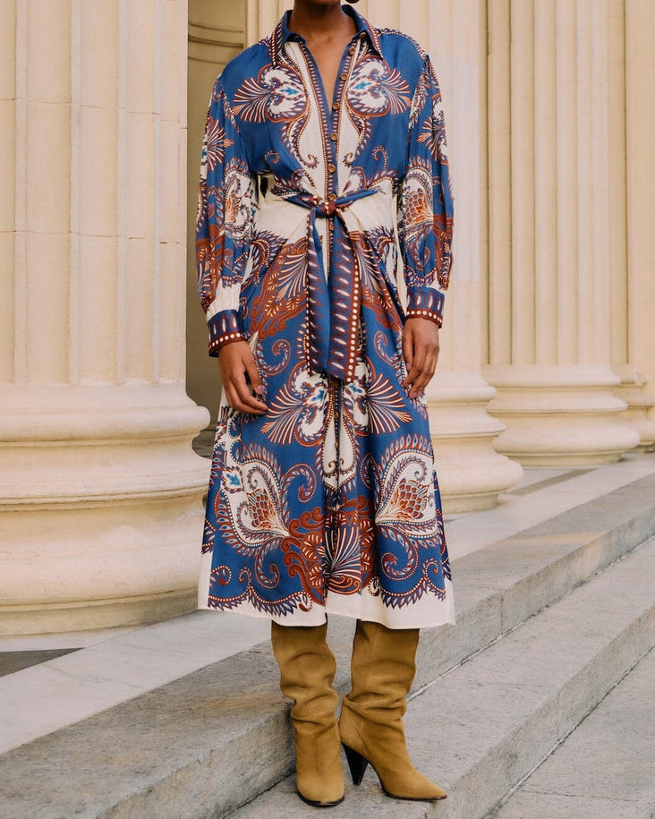 Farm Rio Blue Arabesque Scarf Viscose Midi Dress