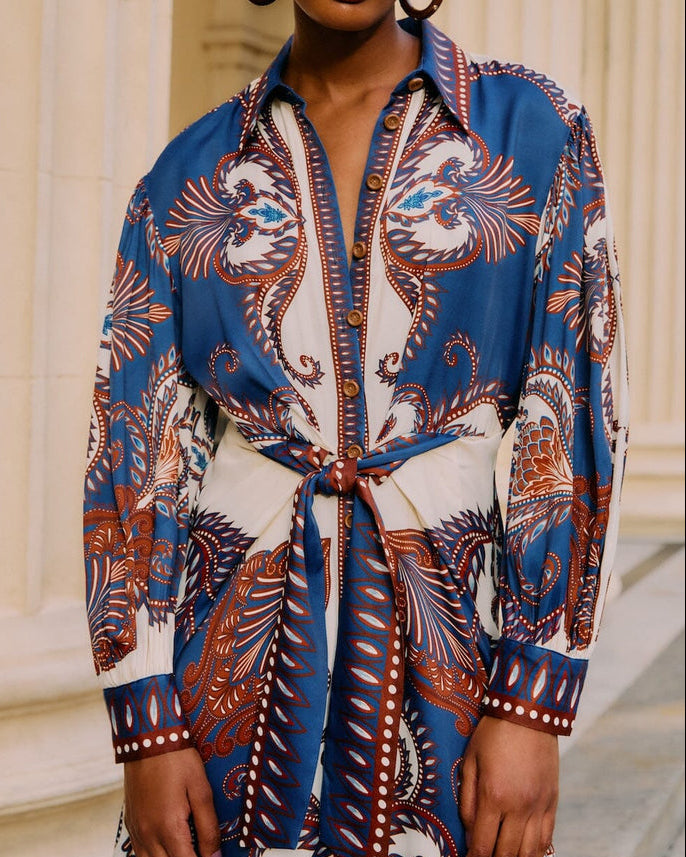 Farm Rio Blue Arabesque Scarf Viscose Midi Dress