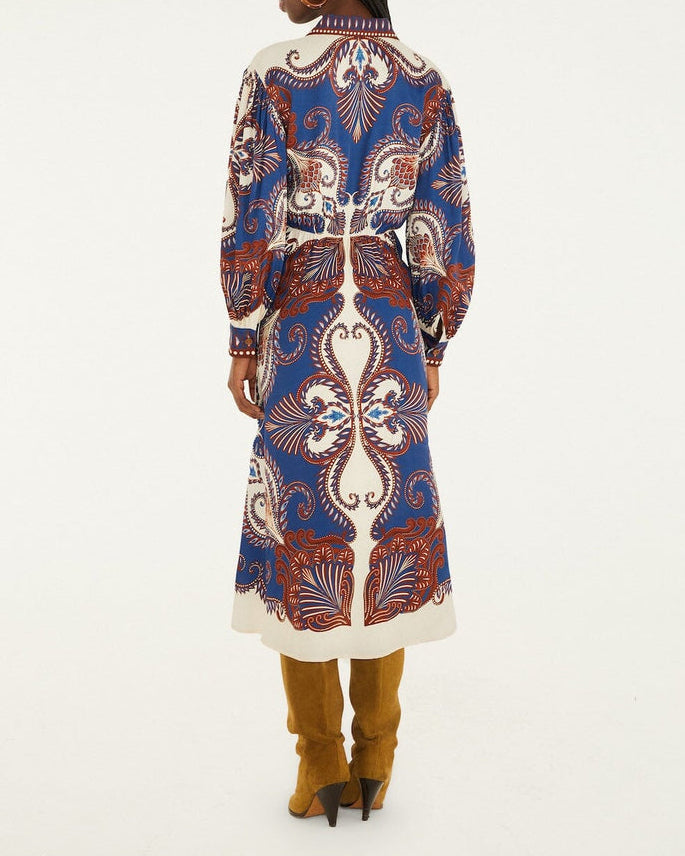 Farm Rio Blue Arabesque Scarf Viscose Midi Dress