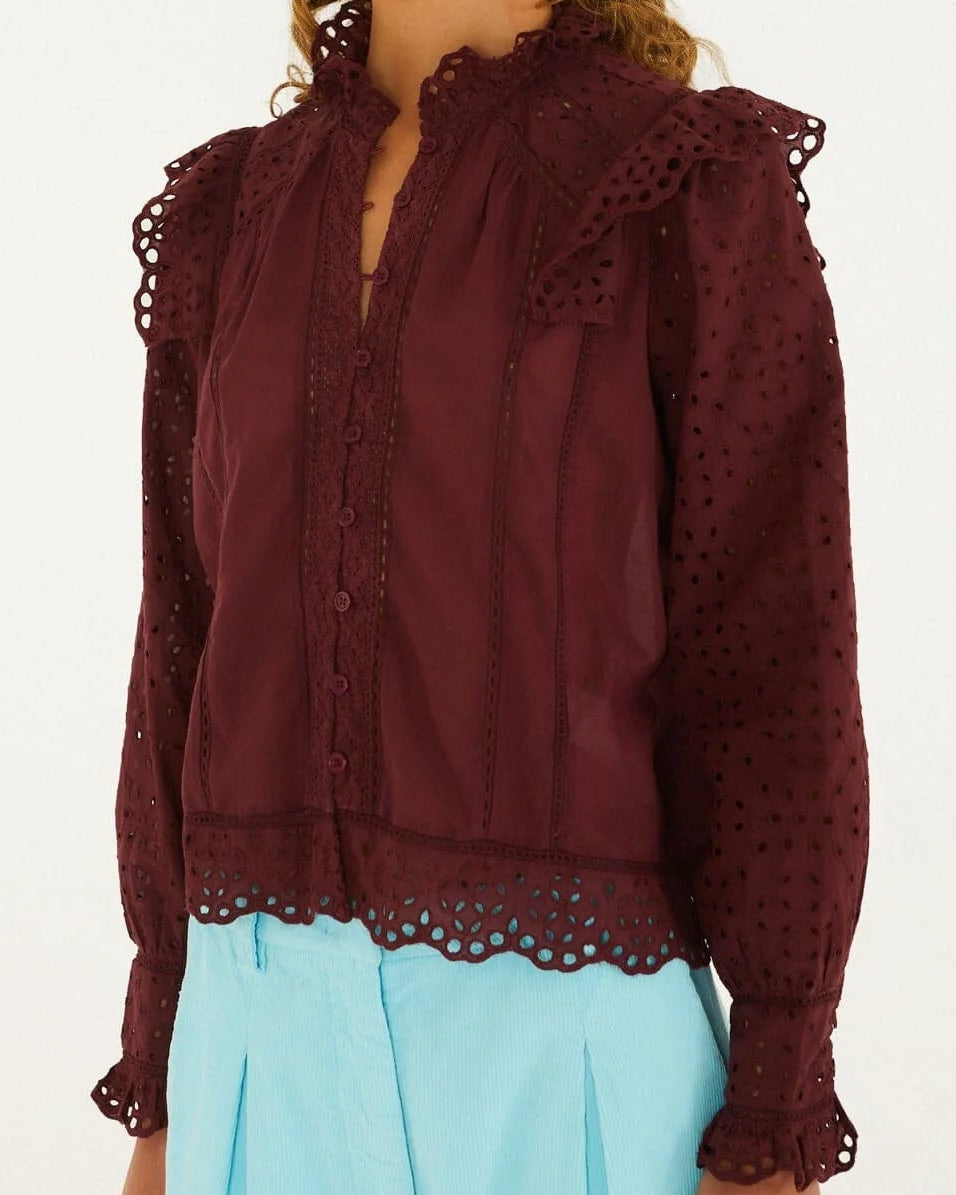 Farm Rio Eyelet Long Sleeve Ruffled Blouse
