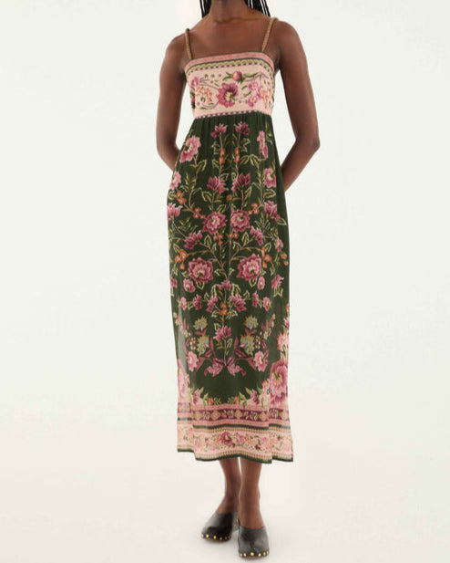Farm Rio Green Flowering Garden Tree Sleeveless Midi Dress