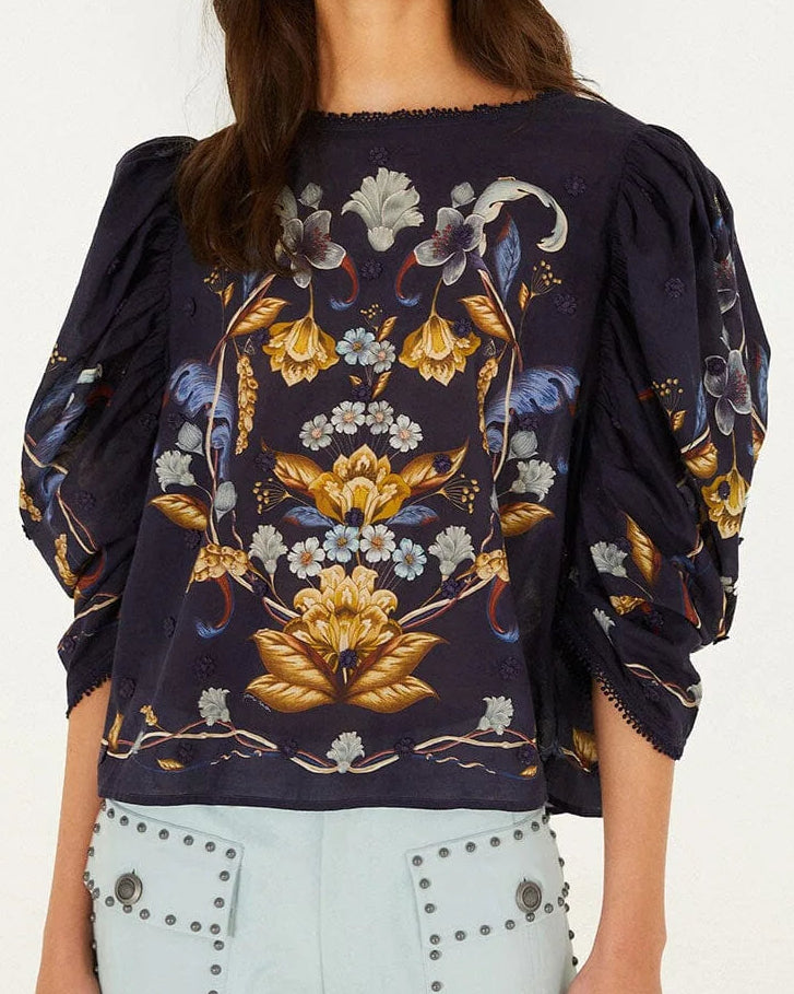 Farm Rio Golden Nature 3D Flower Puff Sleeve Blouse