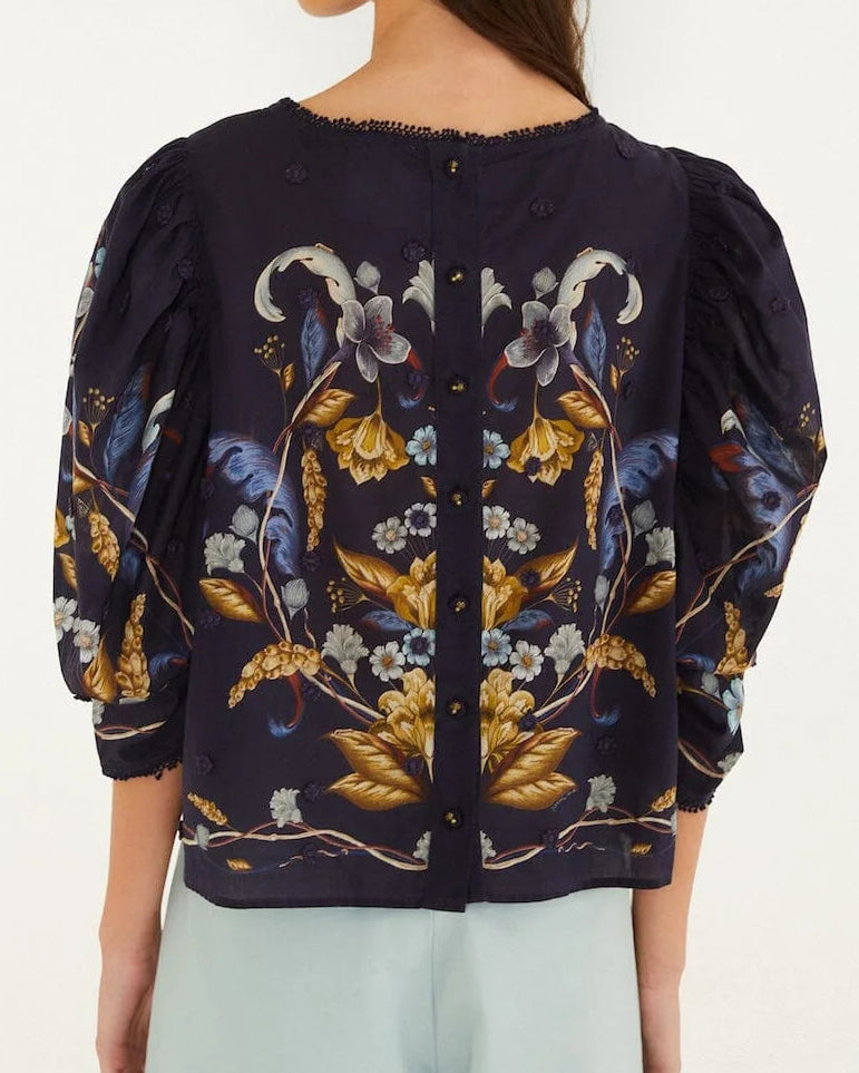 Farm Rio Golden Nature 3D Flower Puff Sleeve Blouse