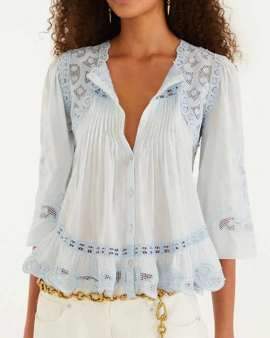 Farm Rio Light Blue Richelieu Short Sleeve Blouse