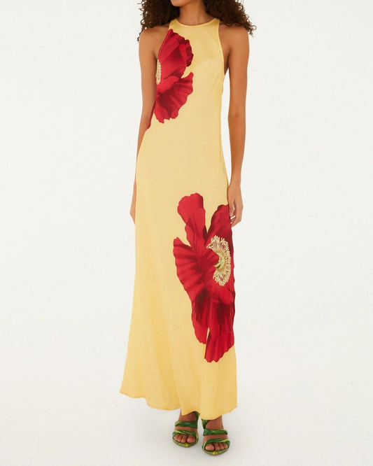 Farm Rio Light Yellow Poppy Flowers Sleeveless Maxi Dress