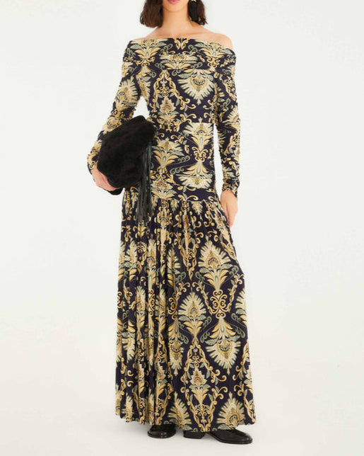 Farm Rio Navy Blue Wonderful Arabesque Off-Shoulder Maxi Dress