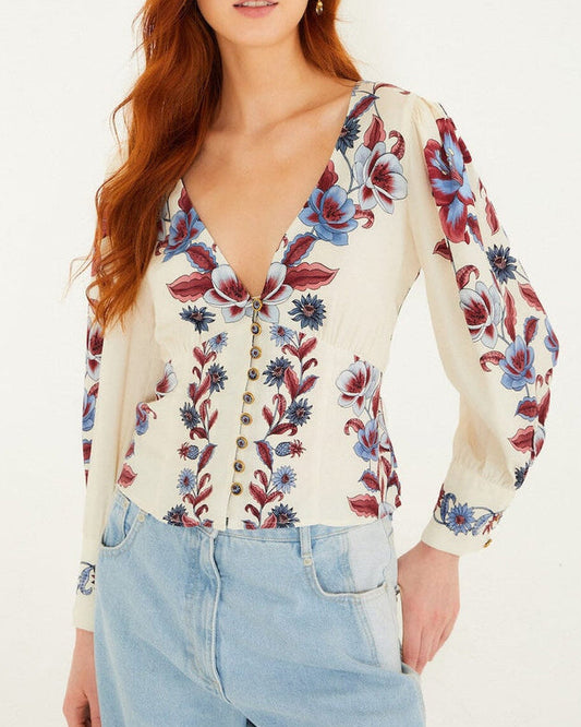Farm Rio Off-White Malu Winter Buttoned Long Sleeve Blouse