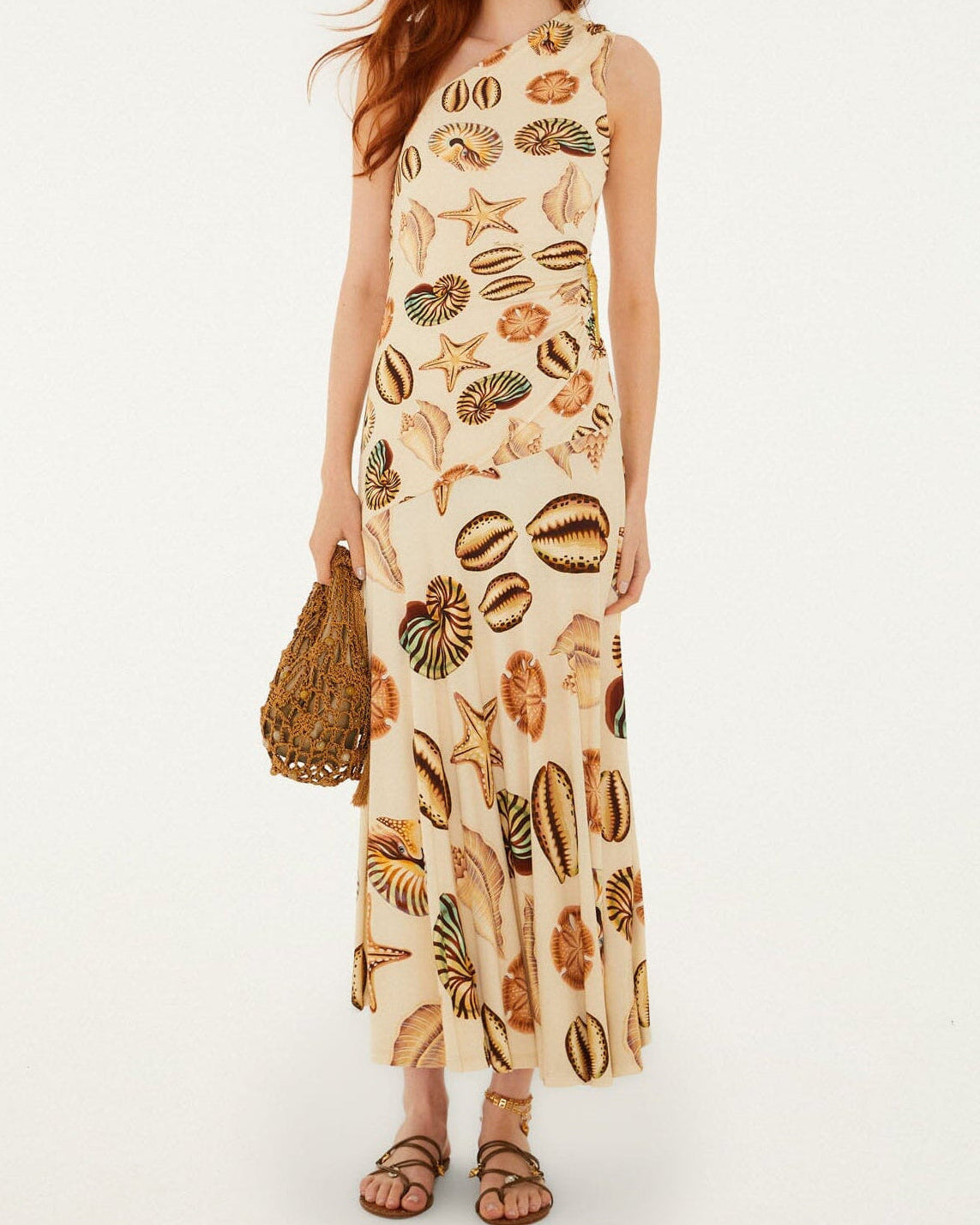 Farm Rio Sand Marine Shells Tassel One-Shoulder Maxi Dress