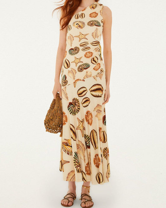 Farm Rio Sand Marine Shells Tassel One-Shoulder Maxi Dress