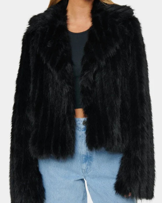 Show Me Your Mumu Salt Lake City Cropped Jacket | Black Faux Fur