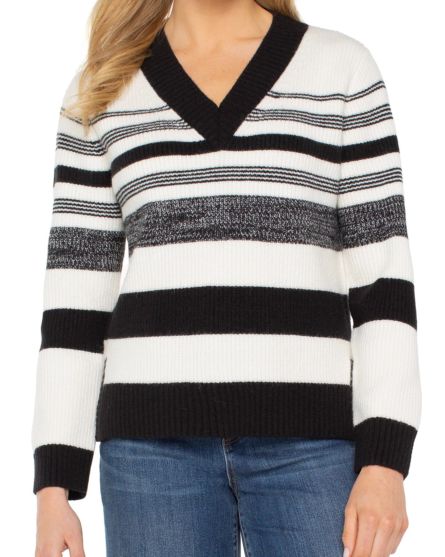 Liverpool Long Sleeve V-Neck Sweater | Cream Black Melange Stripe