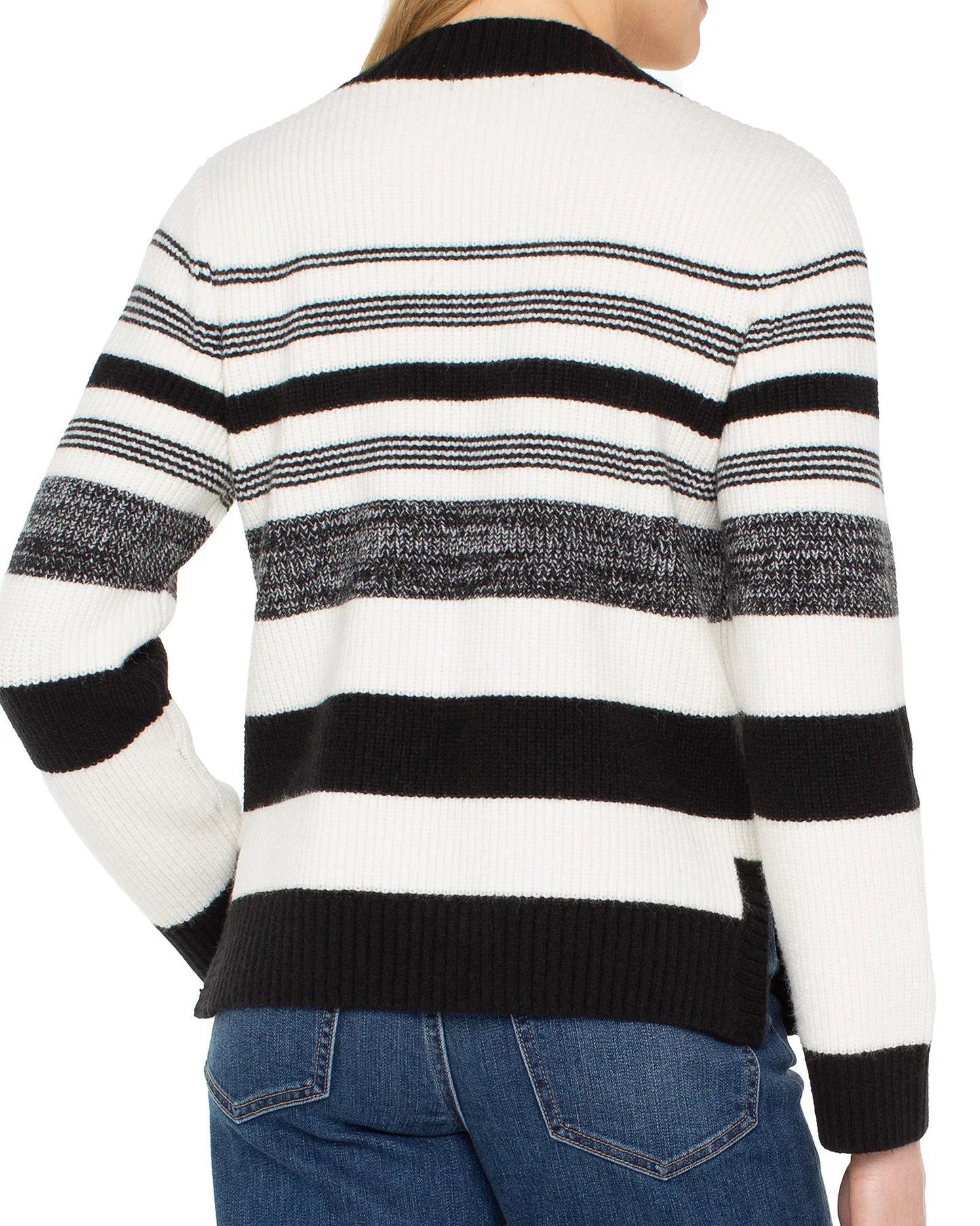Liverpool Long Sleeve V-Neck Sweater | Cream Black Melange Stripe