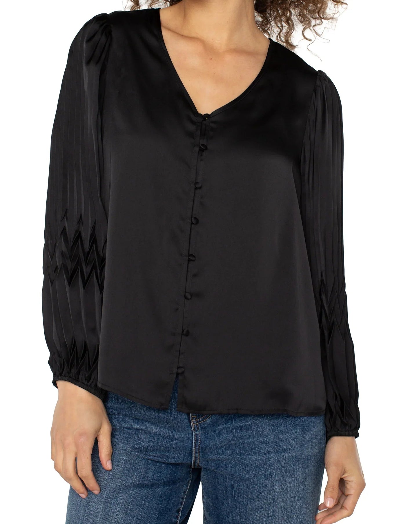 Liverpool V-Neck Pleated Detail Woven Top | Black