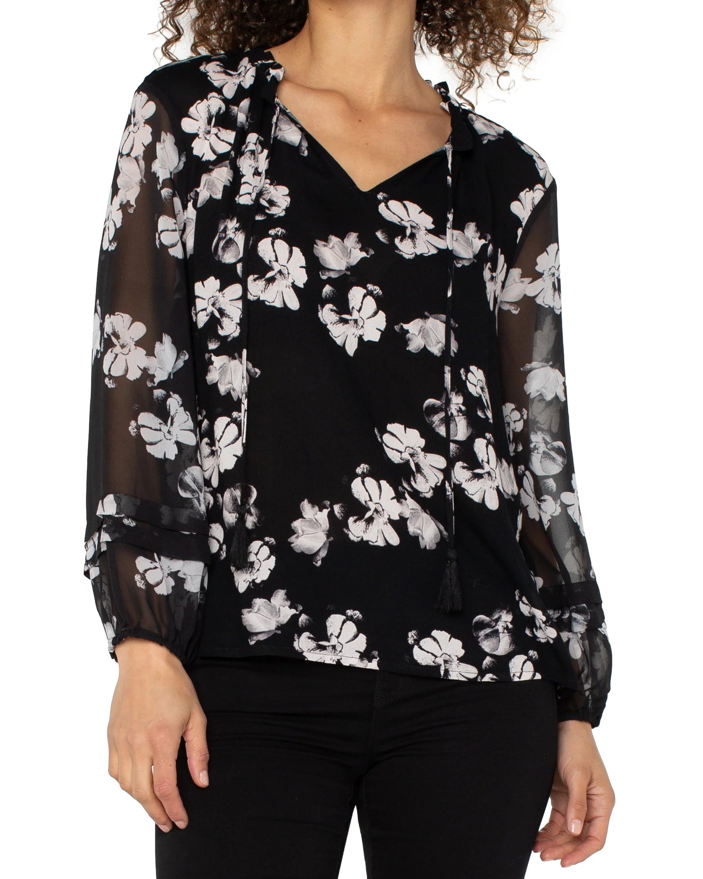 Liverpool Long Sleeve Popover Shirred Woven Blouse | Black White Floral