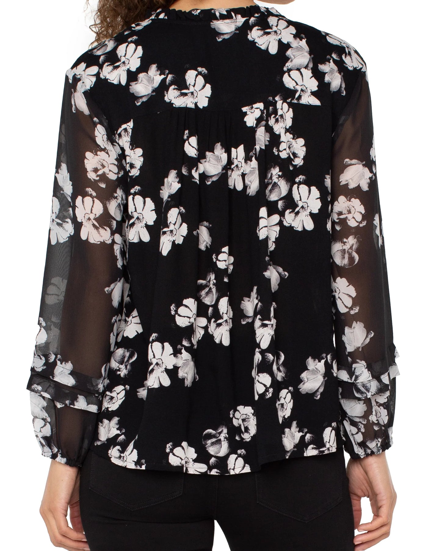 Liverpool Long Sleeve Popover Shirred Woven Blouse | Black White Floral